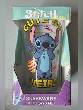 Disney Stitch Glass cup 16oz with Teal and Purple Artwork cute but weird novelty